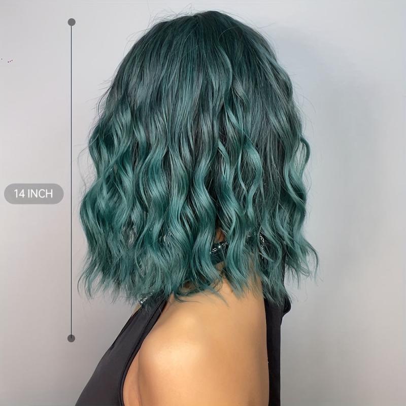 35 56 Cm Green Curly Synthetic Wig With Bangs for Women