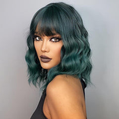 35 56 Cm Green Curly Synthetic Wig With Bangs for Women