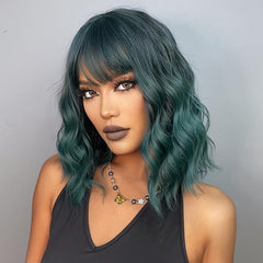 35 56 Cm Green Curly Synthetic Wig With Bangs for Women