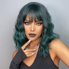 35 56 Cm Green Curly Synthetic Wig With Bangs for Women