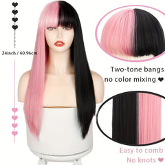 60 96 Cm Pink Long Hair Wig with Bangs for Women Girls