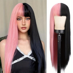 60 96 Cm Pink Long Hair Wig with Bangs for Women Girls