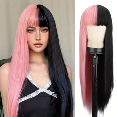 60 96 Cm Pink Long Hair Wig with Bangs for Women Girls