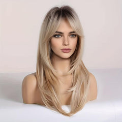 Long Curly Ombre Blonde Wig with Dark Roots Synthetic Layered Wig for Women
