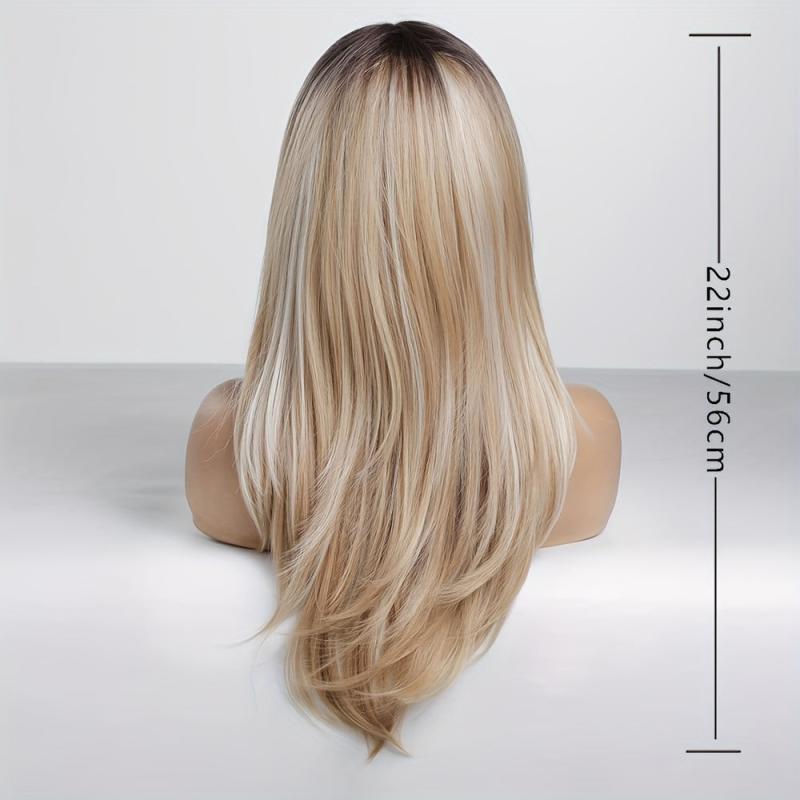 Long Curly Ombre Blonde Wig with Dark Roots Synthetic Layered Wig for Women