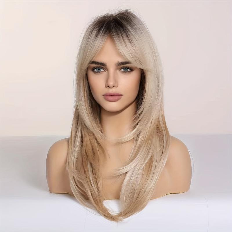 Long Curly Ombre Blonde Wig with Dark Roots Synthetic Layered Wig for Women