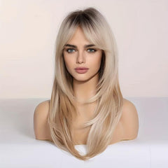 Long Curly Ombre Blonde Wig with Dark Roots Synthetic Layered Wig for Women
