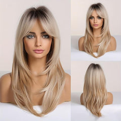 Long Curly Ombre Blonde Wig with Dark Roots Synthetic Layered Wig for Women
