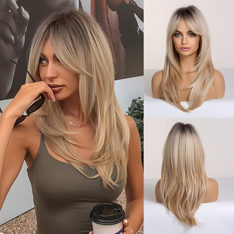 Long Curly Ombre Blonde Wig with Dark Roots Synthetic Layered Wig for Women