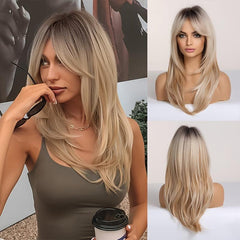 Long Curly Ombre Blonde Wig with Dark Roots Synthetic Layered Wig for Women