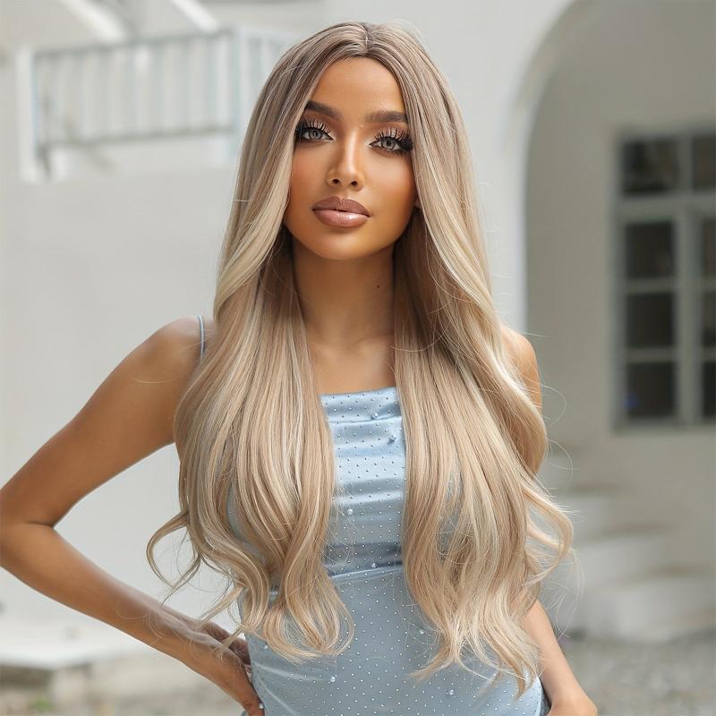 71 12 Cm Long Curly Wavy Brown Blonde Highlight Middle Part Synthetic Wigs