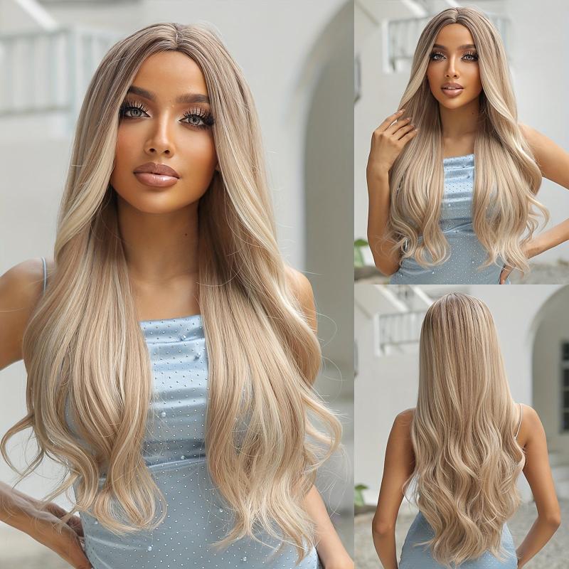 71 12 Cm Long Curly Wavy Brown Blonde Highlight Middle Part Synthetic Wigs