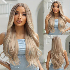 71 12 Cm Long Curly Wavy Brown Blonde Highlight Middle Part Synthetic Wigs