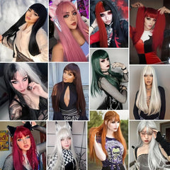 Pink Long Straight Hair Wig With Bangs