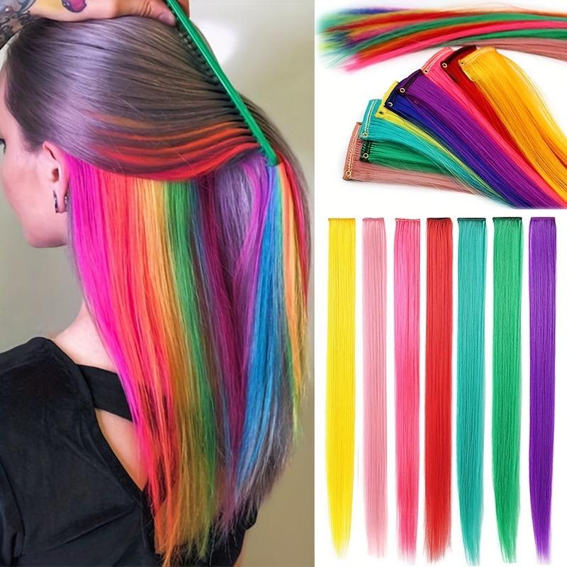 Rainbow Long Straight Hairpieces Colored Clip In Extensions For Women