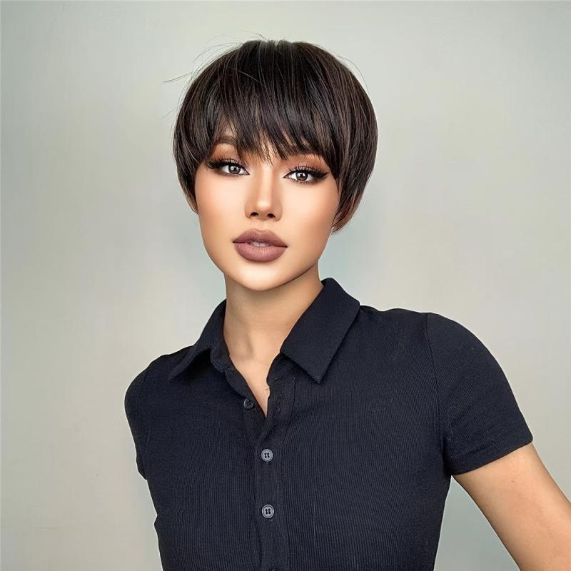 20-32cm Synthetic Pixie Cut Wig Short Straight Hair with Bangs Brown