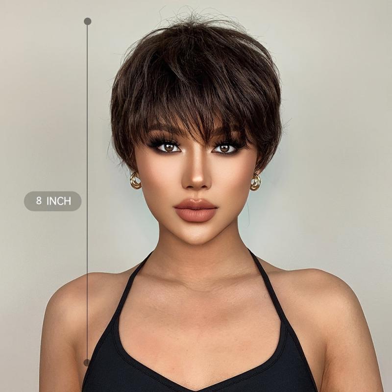 20-32cm Synthetic Pixie Cut Wig Short Straight Hair with Bangs Brown