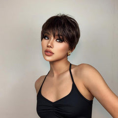 20-32cm Synthetic Pixie Cut Wig Short Straight Hair with Bangs Brown