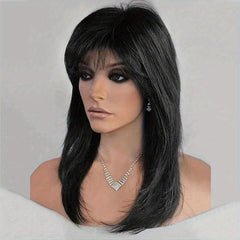 Heat Resistant Layered Long Straight Wig with Bangs