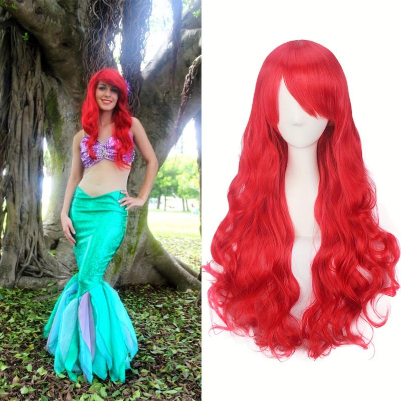 Red Long Curly Mermaid Costume Wig for Halloween Cosplay Party