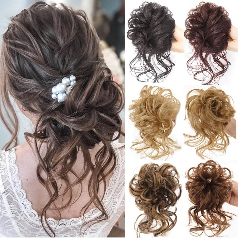 Messy Curly Hair Bun Chignon Elastic Scrunchy False Hair Pieces Brown