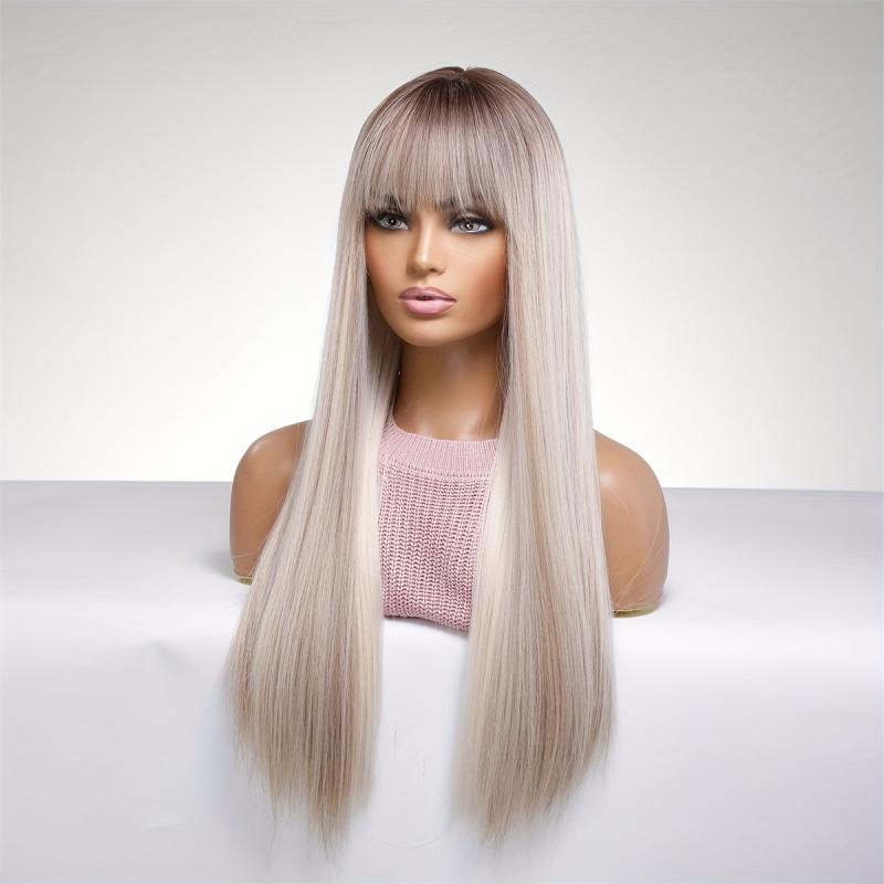 Matte Grey Long Straight Wig With Bangs for Women - 100 Density