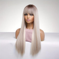 Matte Grey Long Straight Wig With Bangs for Women - 100 Density