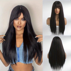 Matte Grey Long Straight Wig With Bangs for Women - 100 Density