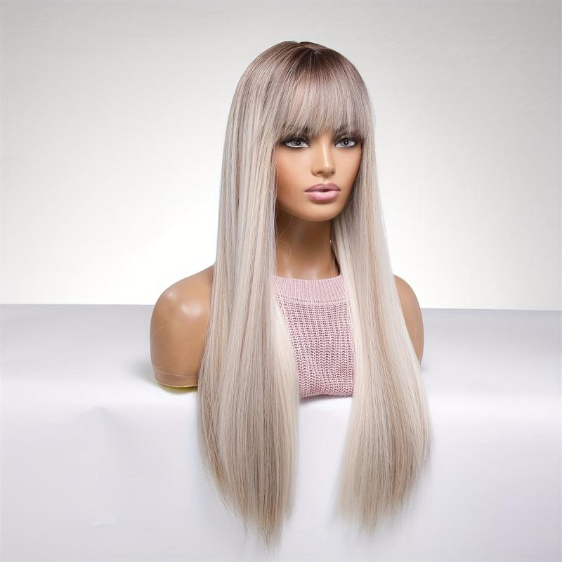 Matte Grey Long Straight Wig With Bangs for Women - 100 Density