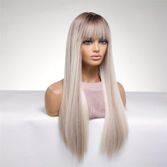 Matte Grey Long Straight Wig With Bangs for Women - 100 Density