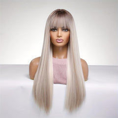 Matte Grey Long Straight Wig With Bangs for Women - 100 Density