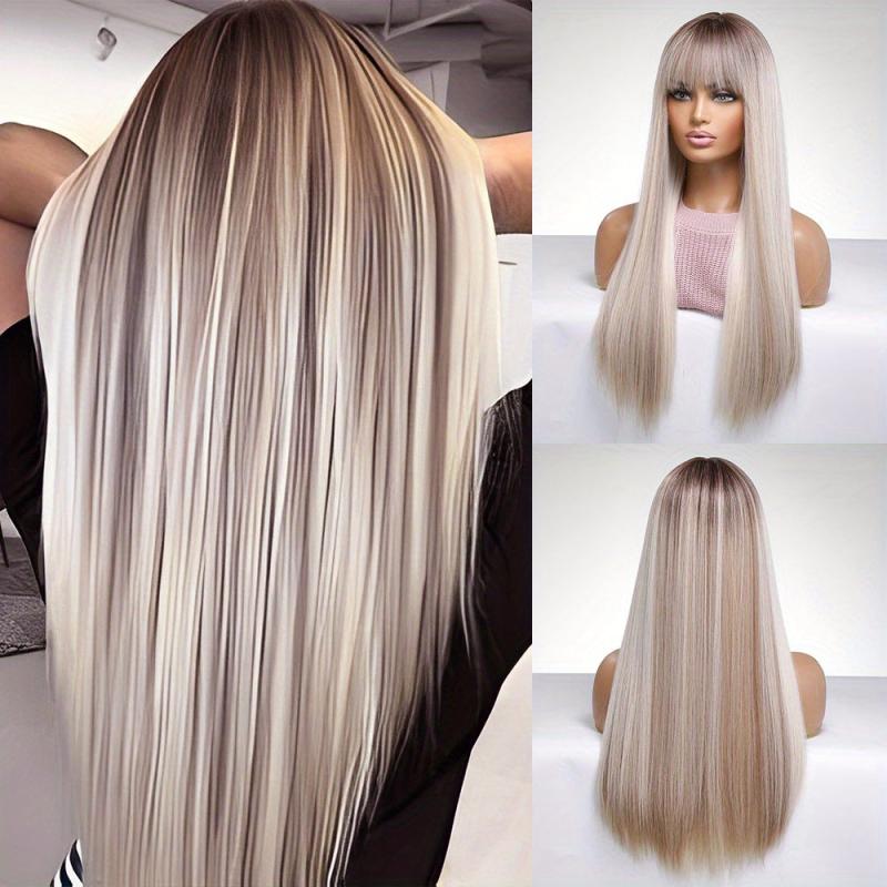 Matte Grey Long Straight Wig With Bangs for Women - 100 Density