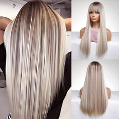 Matte Grey Long Straight Wig With Bangs for Women - 100 Density
