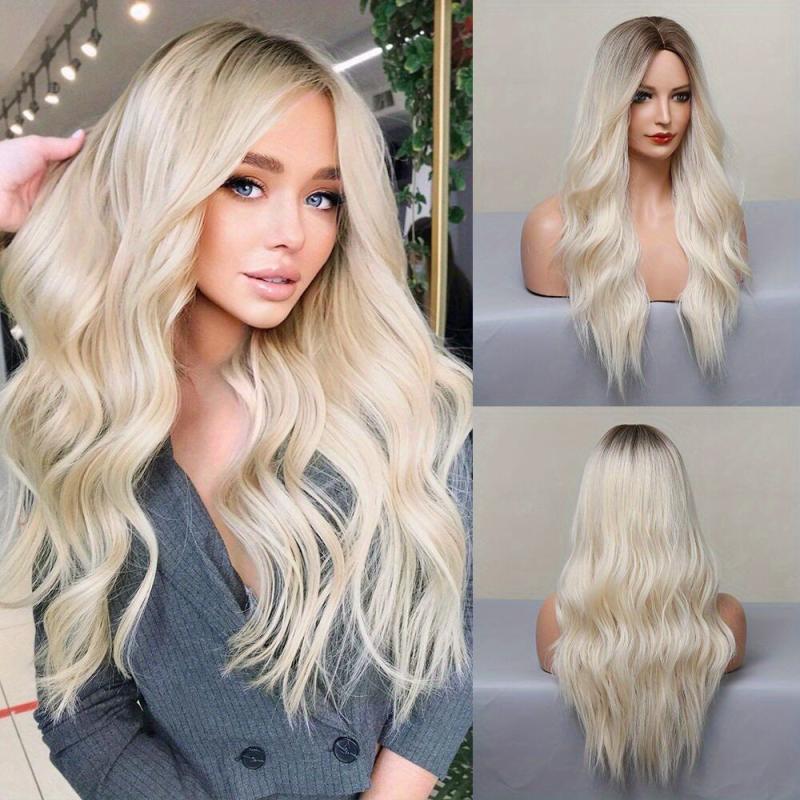 Ombre Purple Wavy Wig Synthetic Heat Resistant Dark Brown Roots Middle Part