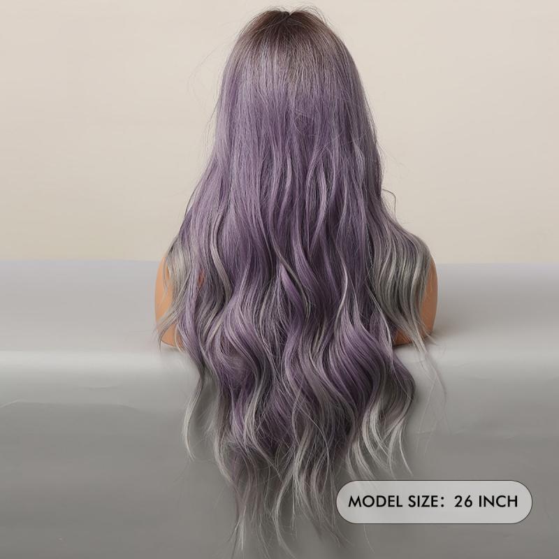 Ombre Purple Wavy Wig Synthetic Heat Resistant Dark Brown Roots Middle Part