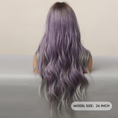 Ombre Purple Wavy Wig Synthetic Heat Resistant Dark Brown Roots Middle Part