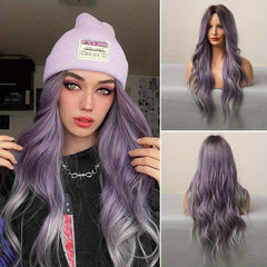 Ombre Purple Wavy Wig Synthetic Heat Resistant Dark Brown Roots Middle Part