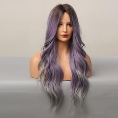 Ombre Purple Wavy Wig Synthetic Heat Resistant Dark Brown Roots Middle Part