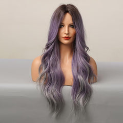 Ombre Purple Wavy Wig Synthetic Heat Resistant Dark Brown Roots Middle Part