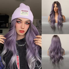 Ombre Purple Wavy Wig Synthetic Heat Resistant Dark Brown Roots Middle Part