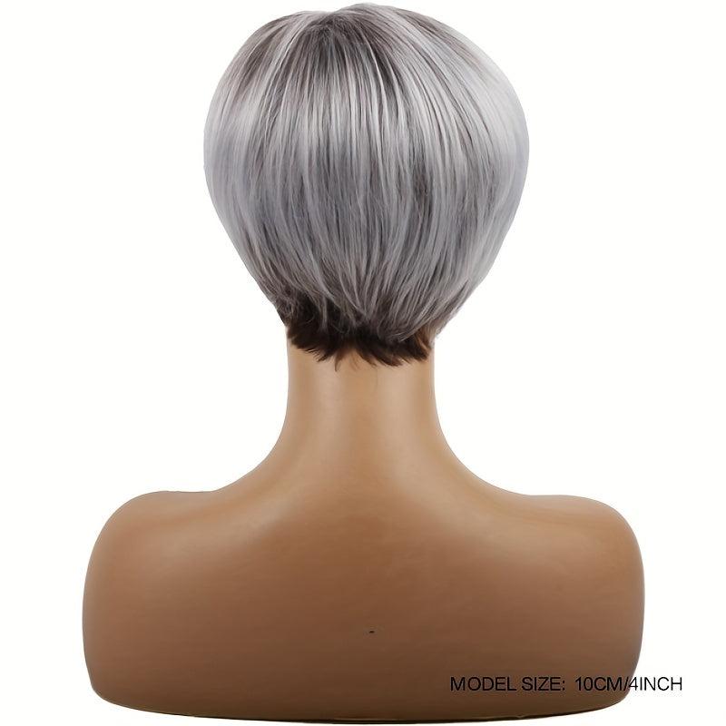 Short Silvery Gray Pixie Cut Wig with Bangs