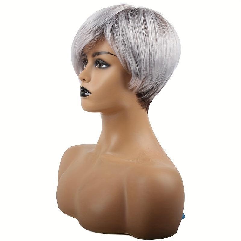 Short Silvery Gray Pixie Cut Wig with Bangs