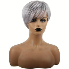 Short Silvery Gray Pixie Cut Wig with Bangs