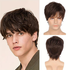 Brown Short Hair Wig for Men Natural Looking Straight Layered Style