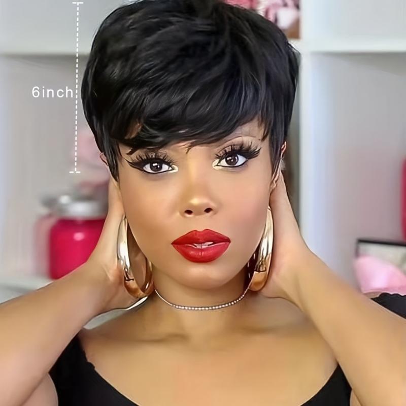 Short Pixie Cut Human Hair Wigs With Bangs Short Layered Wavy Wig
