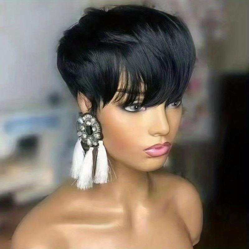 Short Pixie Cut Human Hair Wigs With Bangs Short Layered Wavy Wig