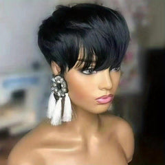 Short Pixie Cut Human Hair Wigs With Bangs Short Layered Wavy Wig