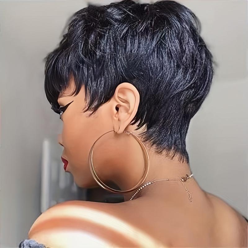 Short Pixie Cut Human Hair Wigs With Bangs Short Layered Wavy Wig