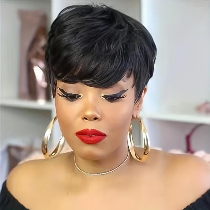 Short Pixie Cut Human Hair Wigs With Bangs Short Layered Wavy Wig