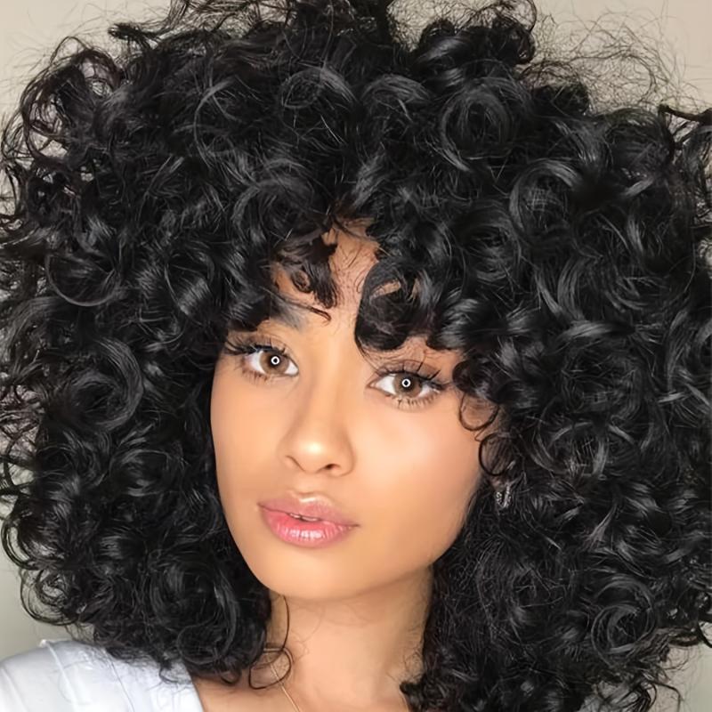Afro Curly Kinky Hair Wigs With Bangs Shoulder Length 35 56 Cm